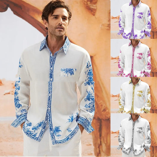 Camisa Manga Larga Estampada con Contraste de Color para Hombre - Otoño