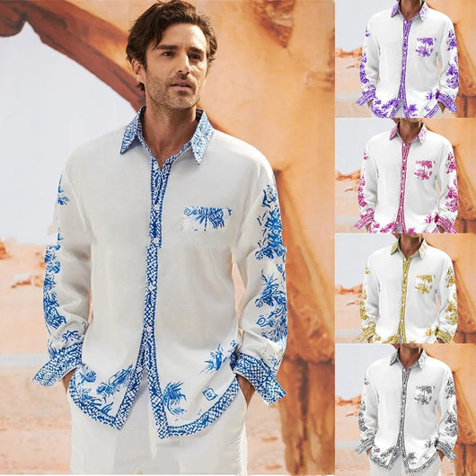 Camisa Manga Larga Estampada con Contraste de Color para Hombre - Otoño