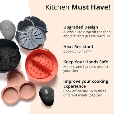 ARIALASQUALITY 7 Pcs Air Fryer Accessories - Silicone Liners, Egg Bite Mold, Reusable Basket Liner - Tekeno