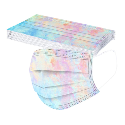 Stack of disposable children's face masks with a purple and blue tie-dye pattern and white ear loops. - Image 5