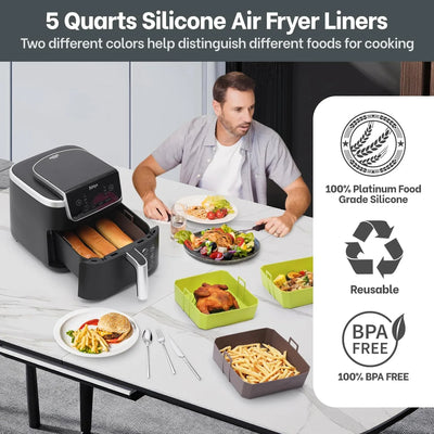 5 QT Air Fryer Silicone Liners for Ninja AF141/AF142/AF181/AF182 & COSORI CAF-L501, 2 Pack BPA Free Platinum Silicone Basket, Square Reusable Air Fryer Liners with Handle, Upgrade - Tekeno