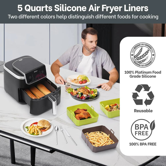 5 QT Air Fryer Silicone Liners for Ninja AF141/AF142/AF181/AF182 & COSORI CAF-L501, 2 Pack BPA Free Platinum Silicone Basket, Square Reusable Air Fryer Liners with Handle, Upgrade