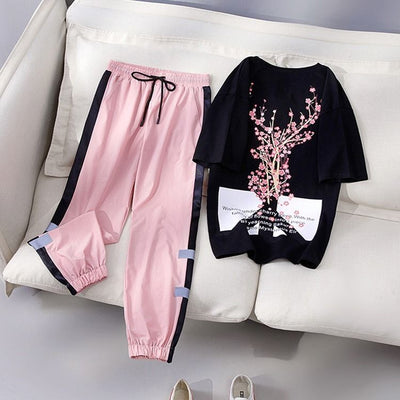 Conjunto Deportivo Casual Mujer Verano Estilo Coreano - Blusa Manga Corta y Pantalón Suelto Reductor