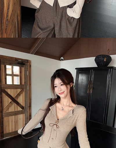 Blusa Elegante Francesa Cuello V Manga Larga Ajustada con Botones - Image 16