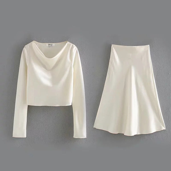 Conjunto Casual: Blusa Manga Larga + Falda de Satén - Image 20