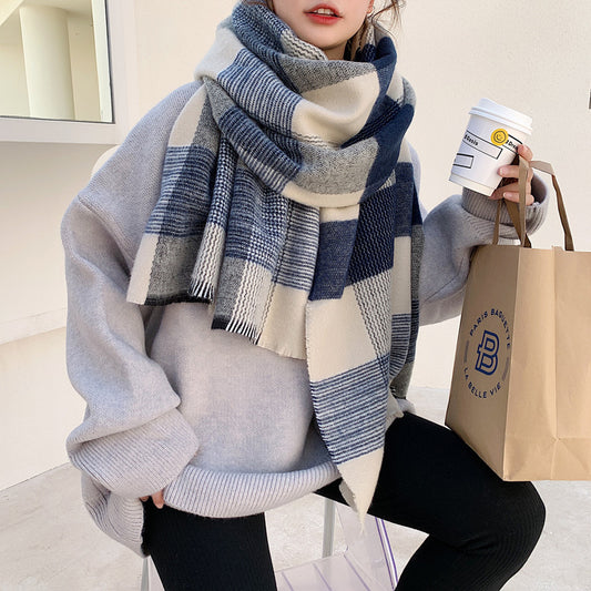 Bufanda Cuadriculada Blanca y Azul Estilo Japonés para Mujer