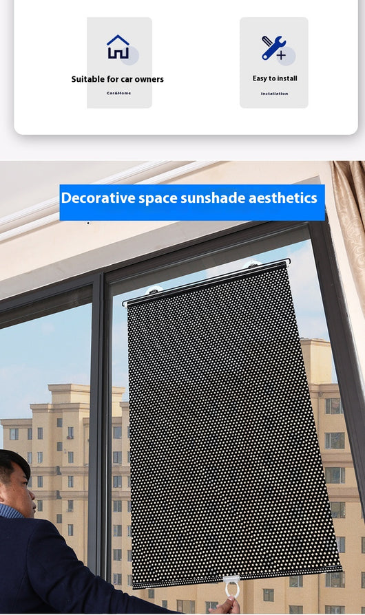 Black perforated roller blind with suction cups for window sun protection, measuring 60x40cm, shown extended. - Image 24