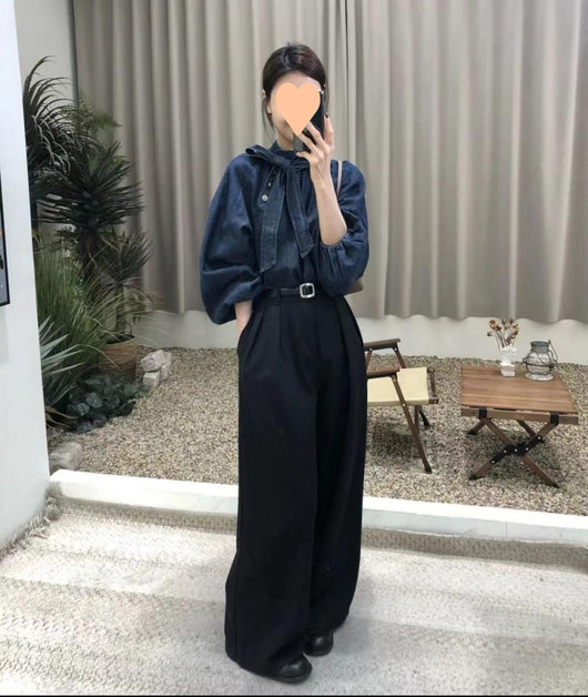 Camisa Denim Retro Suelta con Cuello y Cordones para Mujer - Image 18