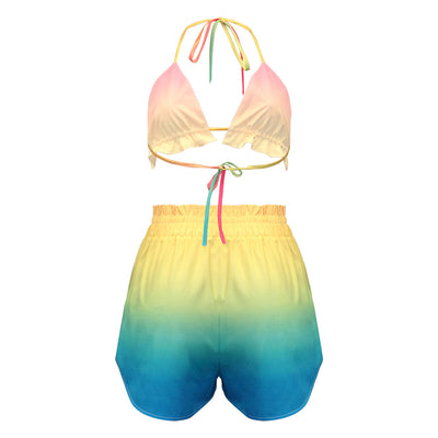 Women's three-piece beachwear set with neon yellow bikini top, floral print long-sleeve shirt, and matching shorts. - Image 14