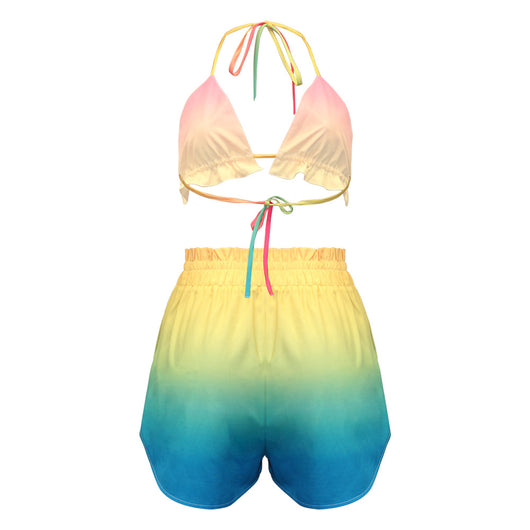 Women's three-piece beachwear set with neon yellow bikini top, floral print long-sleeve shirt, and matching shorts. - Image 14
