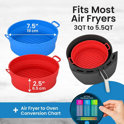 Collapsible Silicone Air Fryer Basket Liners Pot - Airfryer Liners Reusable Bowls for 3 to 5 Qt as Seen on the Today Show - Air Fryer Accessories 2 Pack - round Silicone Liners (Red & Blue) - Tekeno