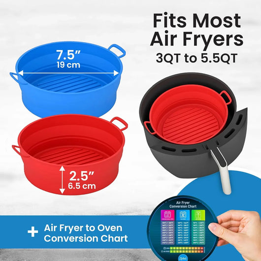 Collapsible Silicone Air Fryer Basket Liners Pot - Airfryer Liners Reusable Bowls for 3 to 5 Qt as Seen on the Today Show - Air Fryer Accessories 2 Pack - round Silicone Liners (Red & Blue) - Tekeno