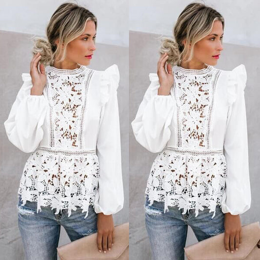 Blusa de Manga Larga con Encaje Calado y Volantes
