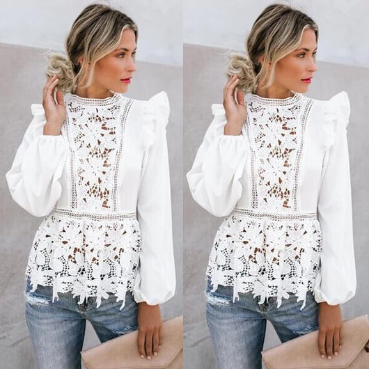 Blusa de Manga Larga con Encaje Calado y Volantes