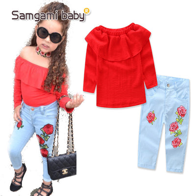 Conjunto Infantil Elegante: Blusa Roja Hombro Descubierto + Pantalón Rosa - Image 3