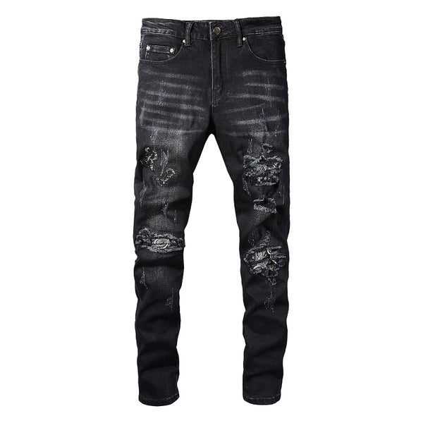 Jeans Rotos para Hombre con Parche Estampado de Flor de Marañón Negro