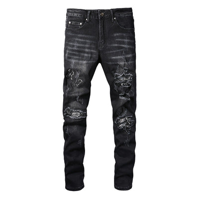 Jeans Rotos para Hombre con Parche Estampado de Flor de Marañón Negro - Image 2