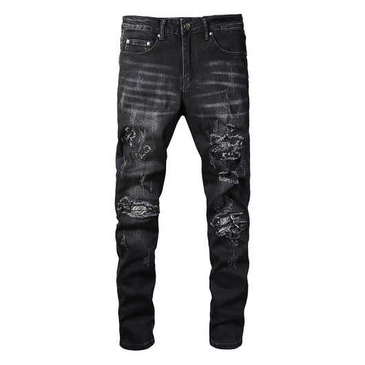 Jeans Rotos para Hombre con Parche Estampado de Flor de Marañón Negro - Image 2