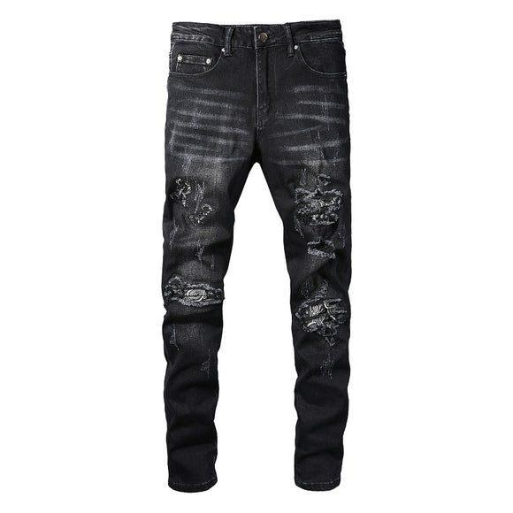 Men's Distressed Jeans with Black Cashew Flower Print Patch