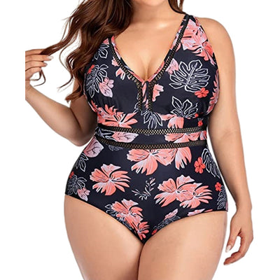 Women's plus size black one-piece swimsuit with a V-neckline and mesh fabric stitching details at the bust and waist. - Image 2