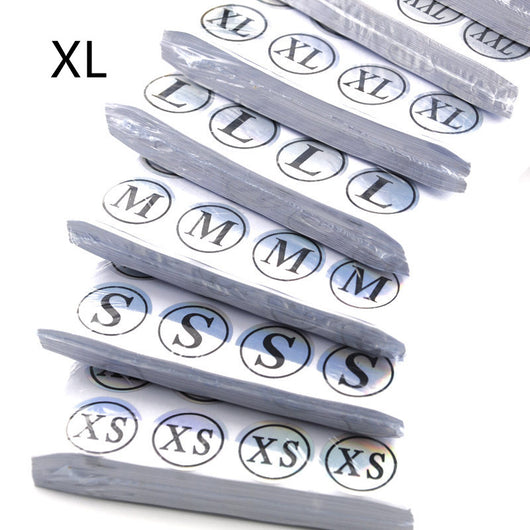 Stack of round clothing size stickers with laser color-changing background and black text, from XS to 4XL. - Image 13
