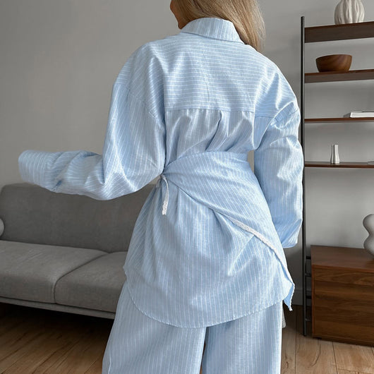 Conjunto de 3 Piezas: Camisa Casual a Rayas con Solapa y Pantalón Ancho - Image 13