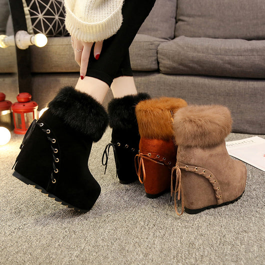 Botas Cortas de Cuña con Forro de Conejo Real para Mujer - Diseño Elevador