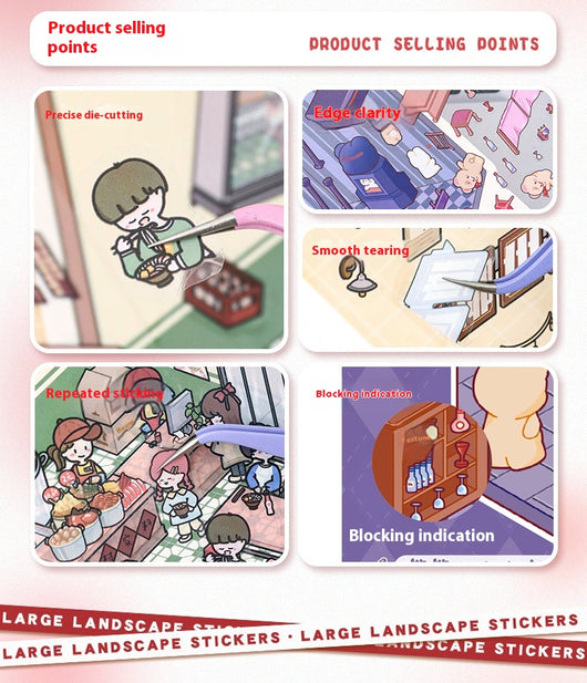 Diy Notebook Decompression Stacking Miniature Sticker set featuring a cute cartoon hot pot shop scene with animal characters. - Image 36