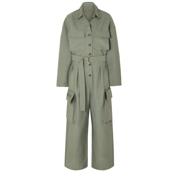 Overol Largo Tipo Camisa con Cintura Ajustada y Piernas Anchas para Mujer - Image 11