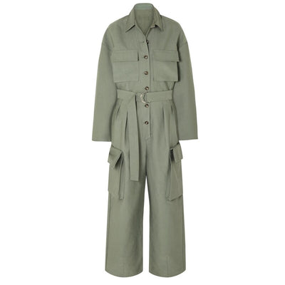 Overol Largo Tipo Camisa con Cintura Ajustada y Piernas Anchas para Mujer - Image 11