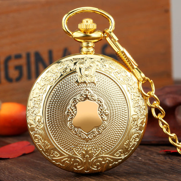 Reloj de Bolsillo Grande Estilo Vintage con Patrón de Escudo Dorado y Movimiento Cuarzo