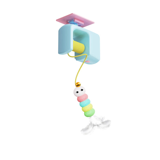 Electric pet cat toy with a blue hanging mechanism, yellow yo-yo string, and a colorful feathered lure. - Image 5