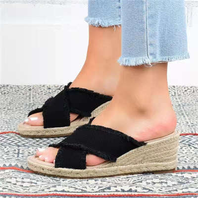 Pantuflas de Tacón Alto con Trenzado de Cáñamo y Denim Ligero