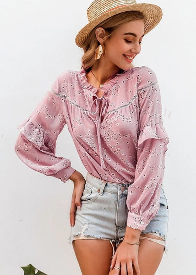 Blusa de Encaje Floral con Cuello Redondo y Volantes - Image 4