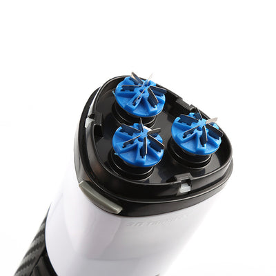 White and black Ruiying electric rotary shaver with three heads next to its dark blue product box. - Image 4