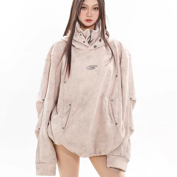 Sudadera Capucha Cuello Alto Doble Capa Plisada para Parejas