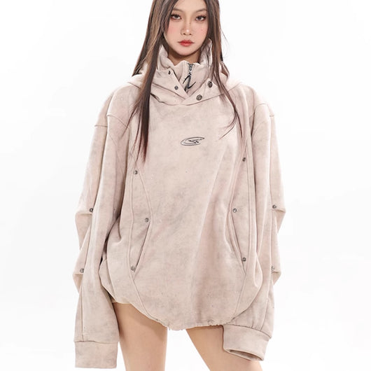 Sudadera Capucha Cuello Alto Doble Capa Plisada para Parejas