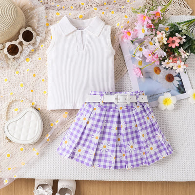 Conjunto de Tres Piezas para Niña: Top Sin Mangas a Rayas con Falda Cuadros Margarita y Cinturón - Image 6