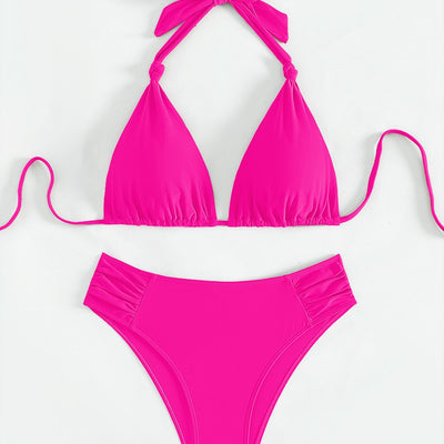 Solid olive green triangle halter bikini swimsuit for women, featuring a high-waisted bottom with ruched sides. - Image 5