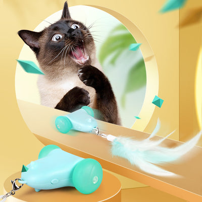 Blue smart cat toy with teal wheels and an attached light blue feather wand, plus a butterfly attachment with bell.