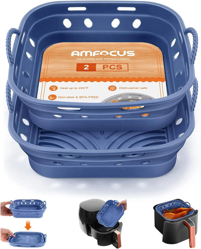 Silicone Air Fryer Liners - 2 Pack Square Air Fryer Basket Reusable Parchment Paper, Perfect 5-8 QT Airfryer Liners, Non-Stick Baking Tray for Air Fryer, Must-Have Kitchen Gadgets Oven Accessories - Tekeno