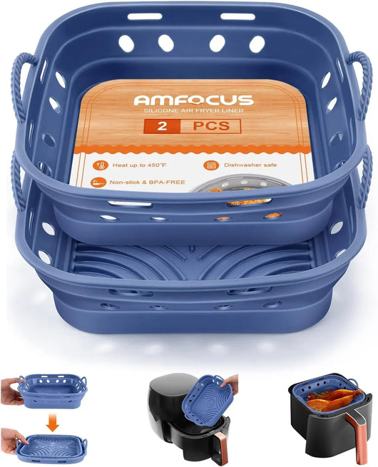 Silicone Air Fryer Liners - 2 Pack Square Air Fryer Basket Reusable Parchment Paper, Perfect 5-8 QT Airfryer Liners, Non-Stick Baking Tray for Air Fryer, Must-Have Kitchen Gadgets Oven Accessories - Tekeno