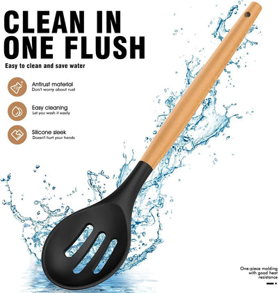 Silicone Cooking Utensils Set - Silicone Kitchen Utensils for Cooking Wooden Handles, 446°F Heat Resistant Kitchen Utensil Spatula Sets W Holder, Gadgets for Non-Stick Cookware BPA FREE (Black) - Tekeno