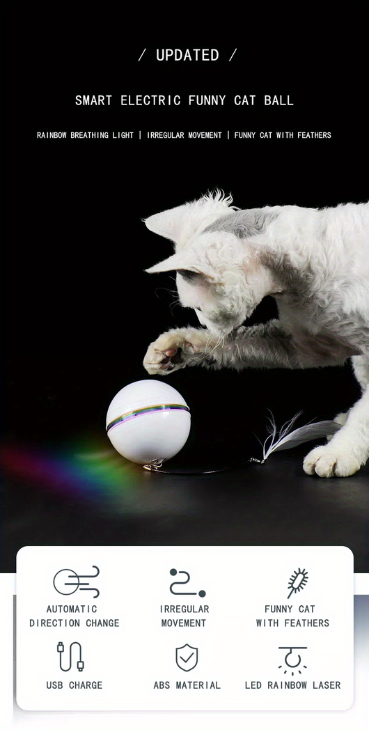 White electric interactive cat toy ball with LED light and feather attachment, shown with its white packaging box. - Image 14