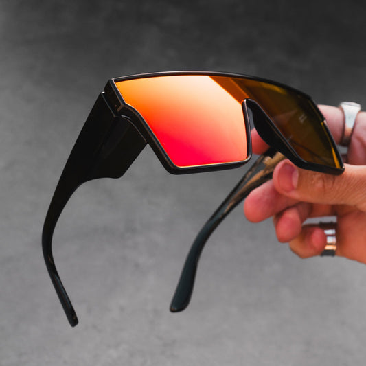 Black frame sports cycling sunglasses with vibrant purple polarized shield lenses, ideal for biking and outdoor activities.