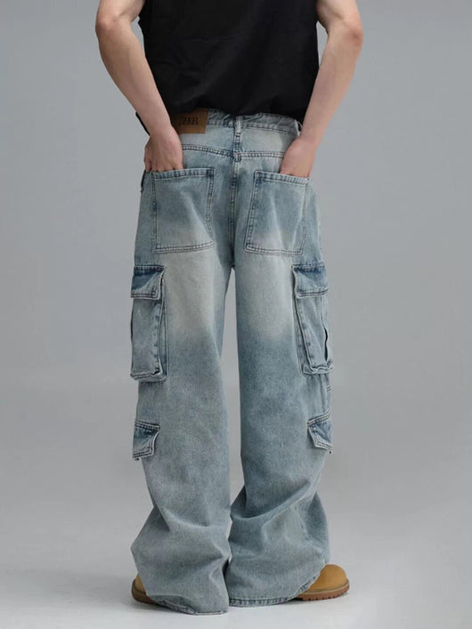Pantalones Vaqueros de Trabajo Multibolsillos Lavados - Corte Ancho Casual para Hombre - Image 15