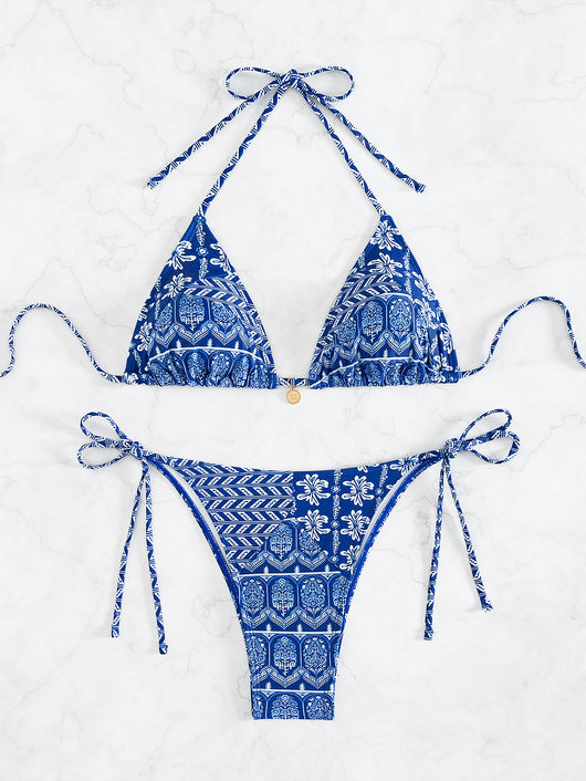 Red floral print triangle cup bikini set with matching bottom, featuring a small gold charm on the top. - Image 2