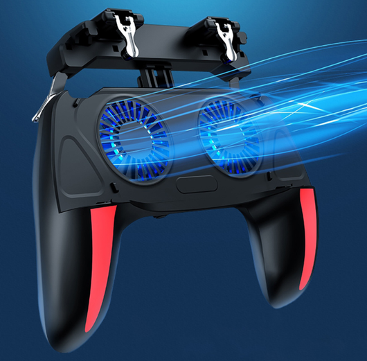 Black and red game controller with phone holder, dual cooling fans, and power bank function for smartphones. - Image 13