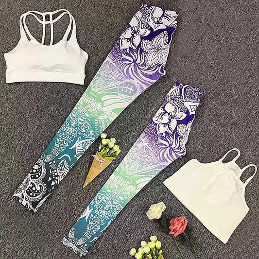 Parent-child yoga pants set with purple, green, and teal gradient mandala print, paired with white sports bras. - Image 2