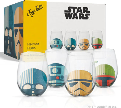 Set de vasos JoyJolt Star Wars Helmet Hues – 4 copas sin tallo de 562 ml con cascos icónicos, vidrio resistente, colección oficial para adultos y fans - Tekeno